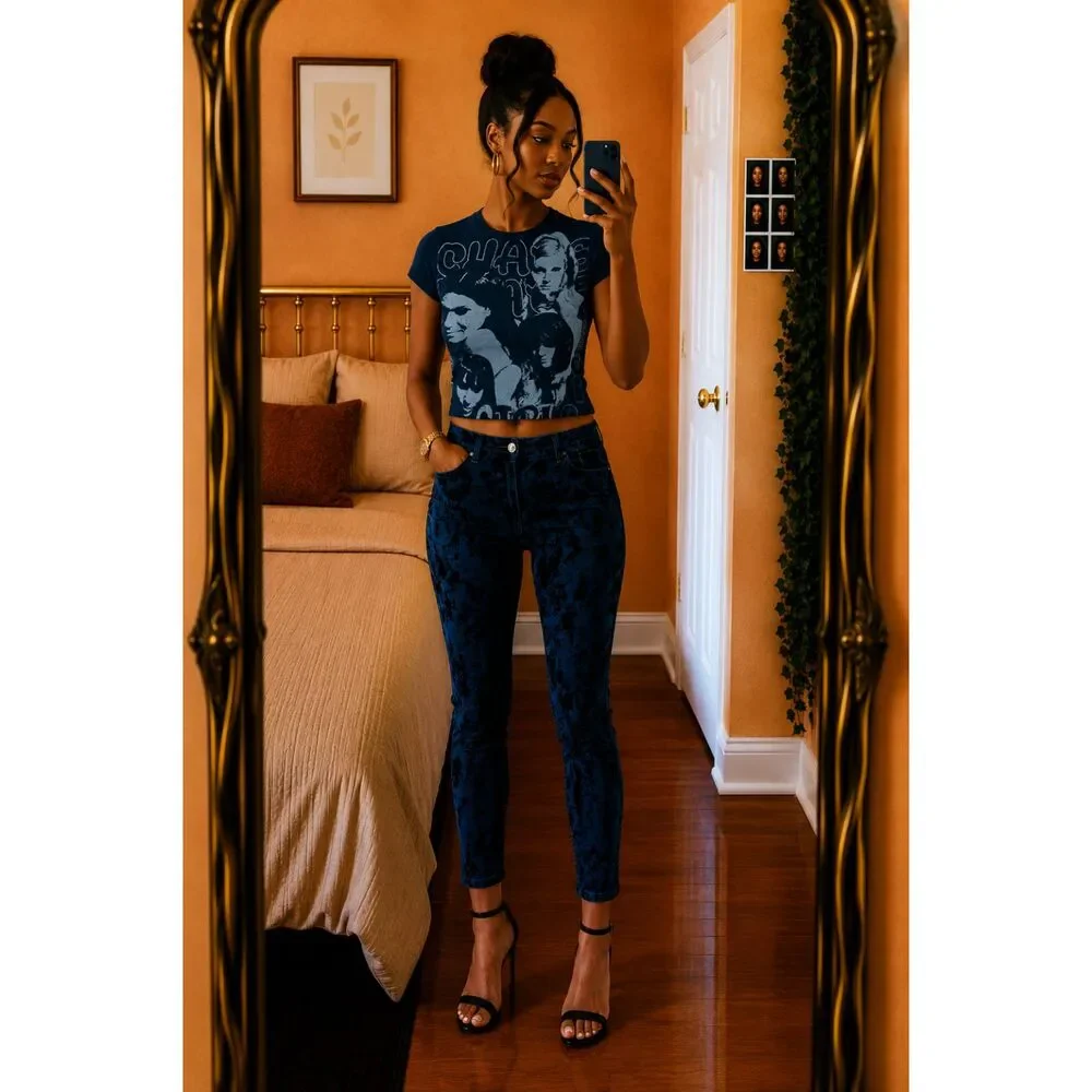 Free People Brocade Flocked Skinny Indigo Blue Floral Jeans Size 24 Whimsygoth